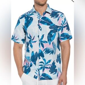 Cubavera Linen Blend Blue & Pink Tropical Hawaiian Short Sleeve Shirt Size XXL